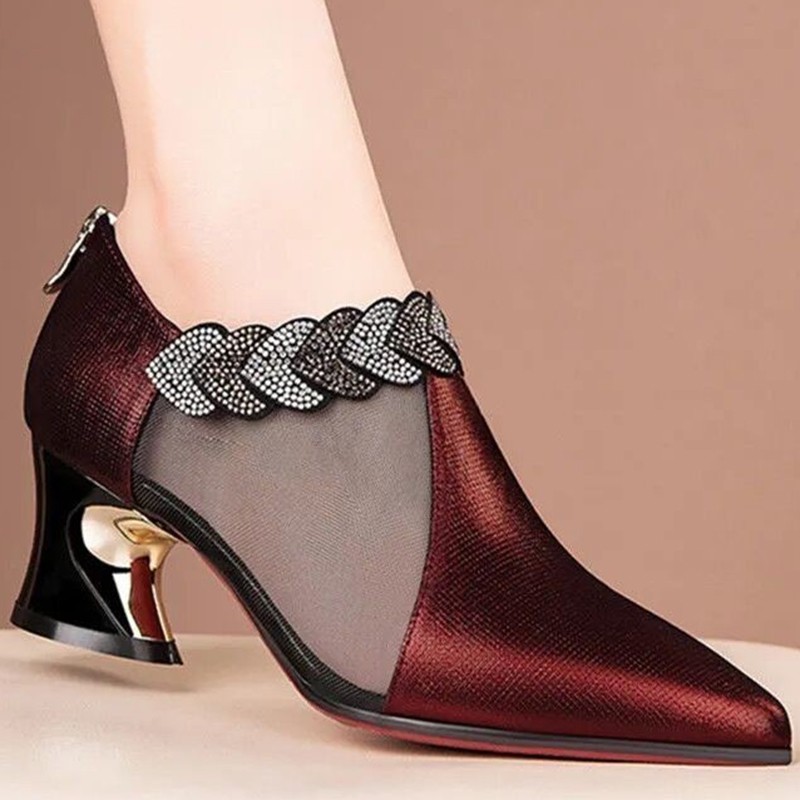 Lucifer Women Crystal Thick Heel Ankle Boots Breathable Mesh Pointed Toe Party Pumps Elegant Woman Back Zipper Ladies Shoes