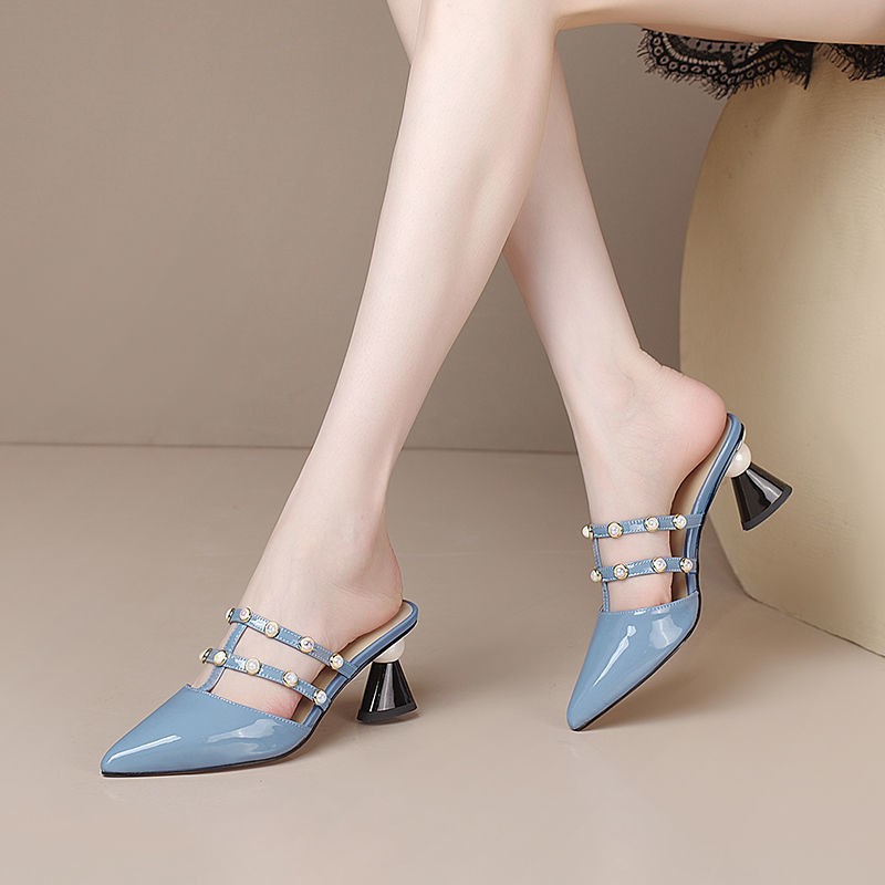 New Patent Leather Pointed Rhinestone Chain Bead Women Slippers Breathable Comfort High Heel Baotou Wearable Zapatos Mujer