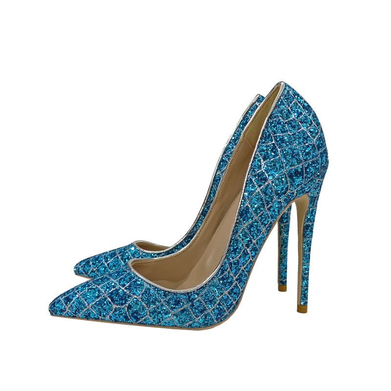 Spring new blue sequins pointed toe stiletto high heels work shoes party dress all-match large size fashion women's shoes