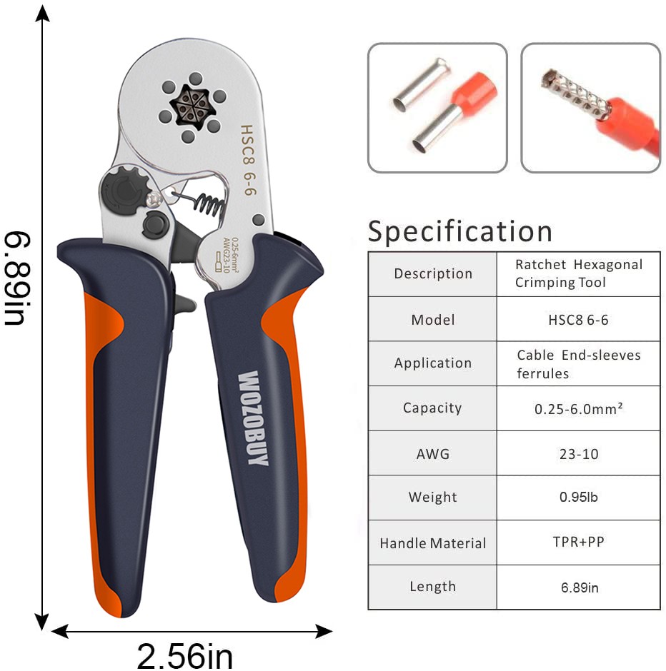 Hexagonal Ferrule Wire Stripping Tool Ferrule Crimping Tool HSC8 6-6 Self-Adjustable Raising Crimper for AWG23-10(0.25-6.0mm²)