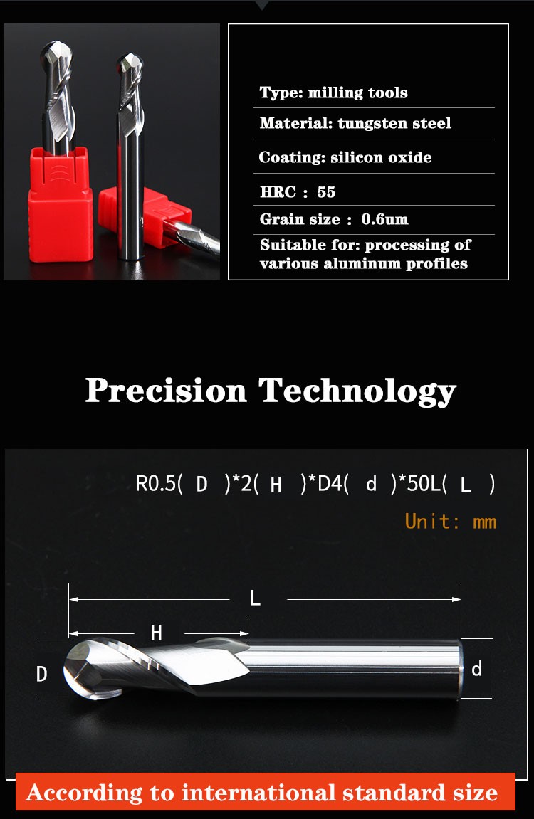 2 Flute Cutting HRC58 2mm 3mm 4mm Aluminum Copper Machining CNC Tungsten Steel Sprial Bit Milling Cutter Nose Ball End Mill R1