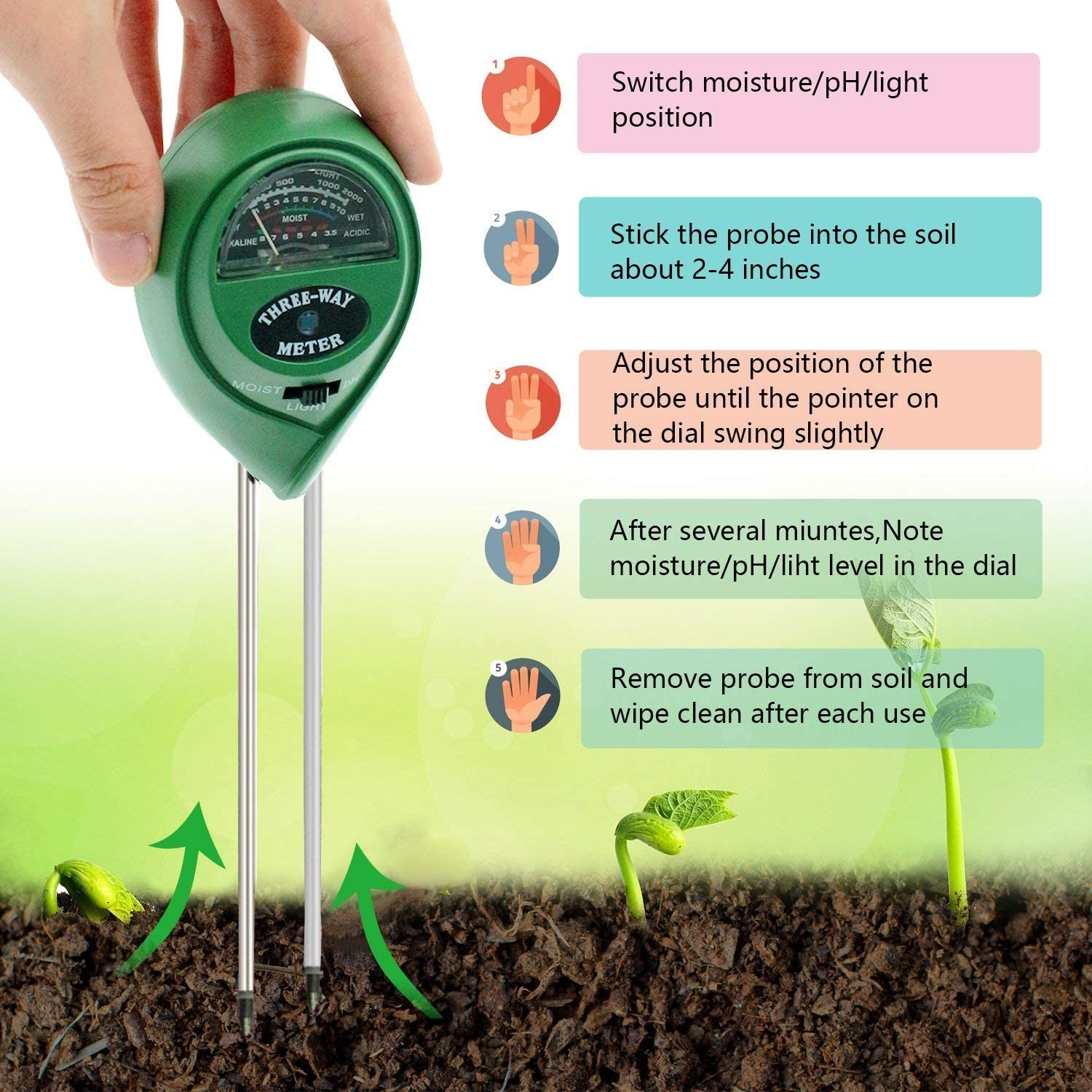 Soil PH Tester, 3/4 in 1 pH Light Moisture Acidity Tester Soil Tester Moisture Meter Soil Test Kit Plant for Flowers