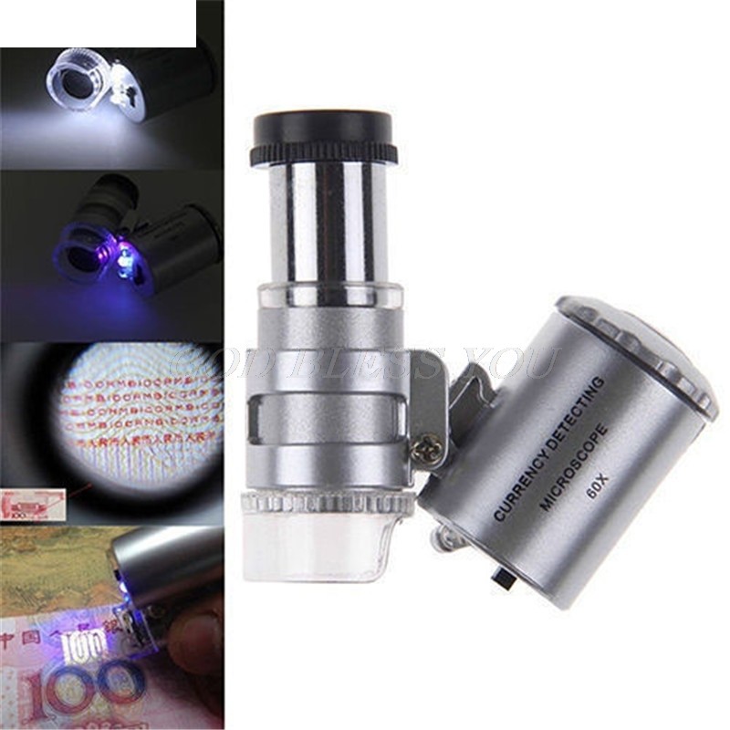 Mini UV Pocket Microscope Glass Jewelry Magnifying Glass 60x LED Drop Shipping