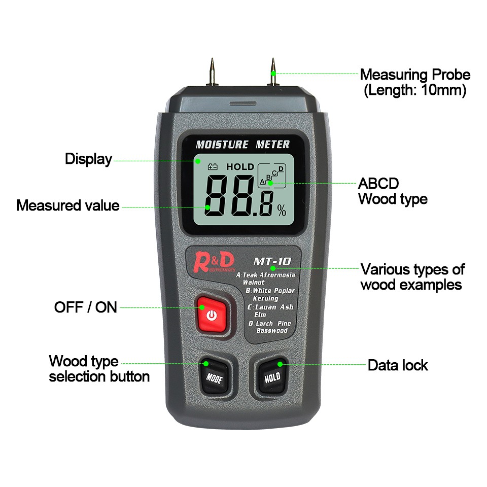 R&D MT-10 EMT01 Wood Moisture Meter Hygrometer Humidity Tester Timber Moisture Detector Tree Digital Density Tester Gray