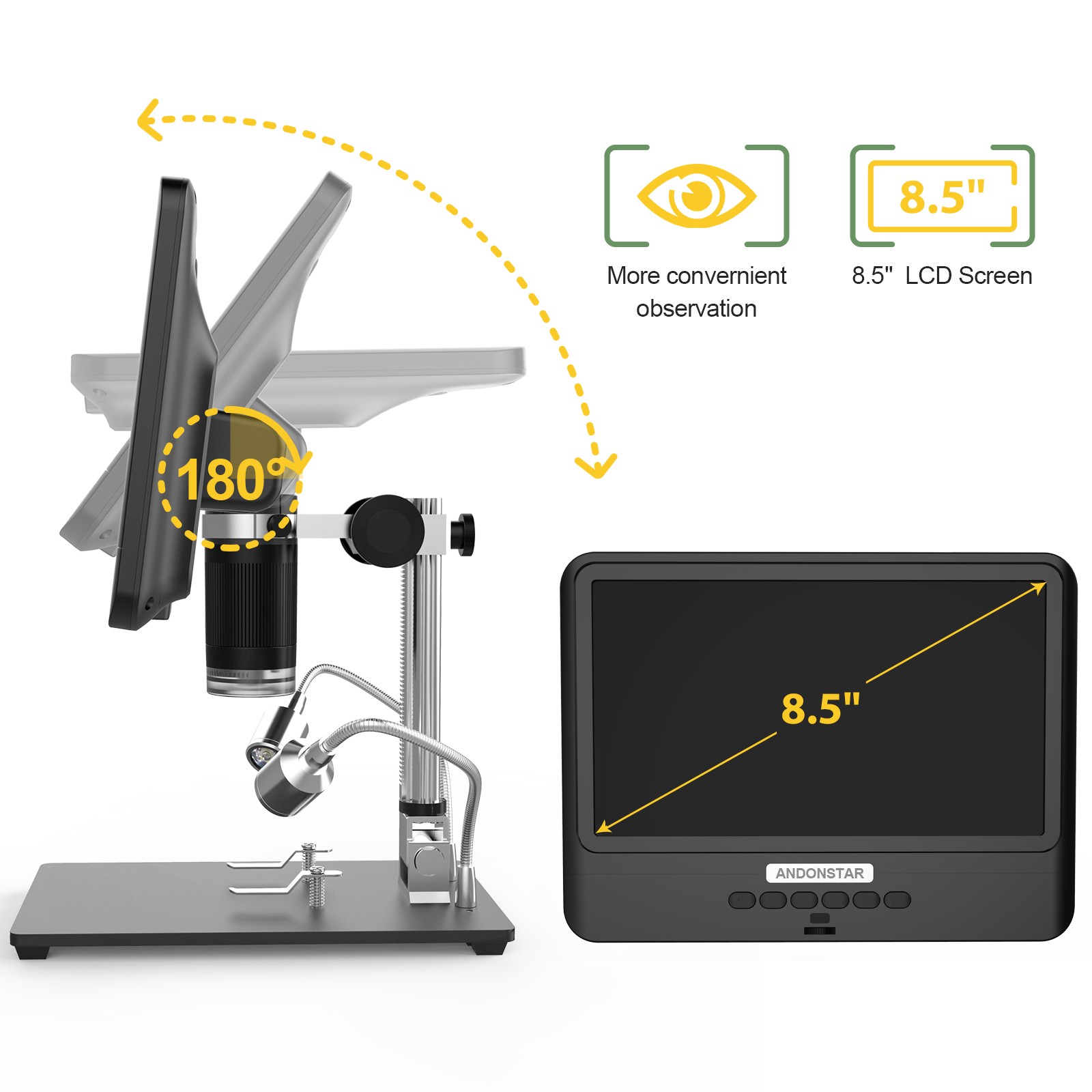 Andonstar AD208S Digital Microscope, 8.5 inch LCD Display, 5X-1200X, 1280*800, 1080P Adjustable Range, Soldering Tool with 2 Fill Lights