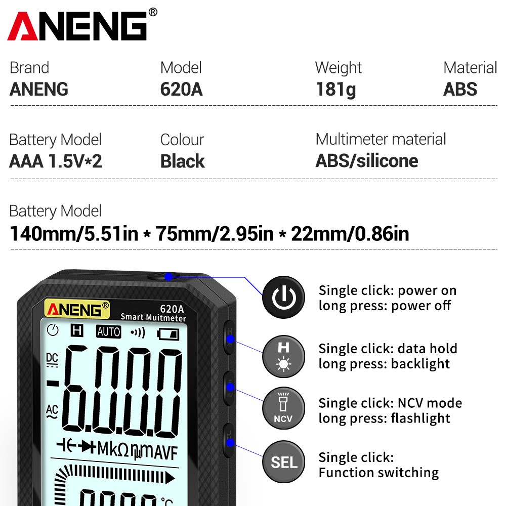 Anning 620A Digital Smart Multimeter Transistor Tester 6000 Counts True RMS Auto Electrical Capacitance Meter Resistance Temperature