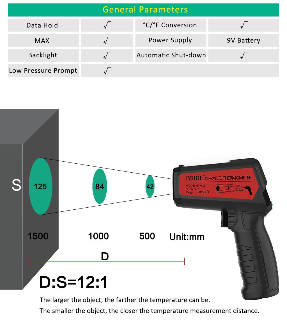 BSIDE BTM11 IR-LCD Digital Infrared Thermometer Color Screen Thermometer -50~580 Non-Contact Laser Thermometer