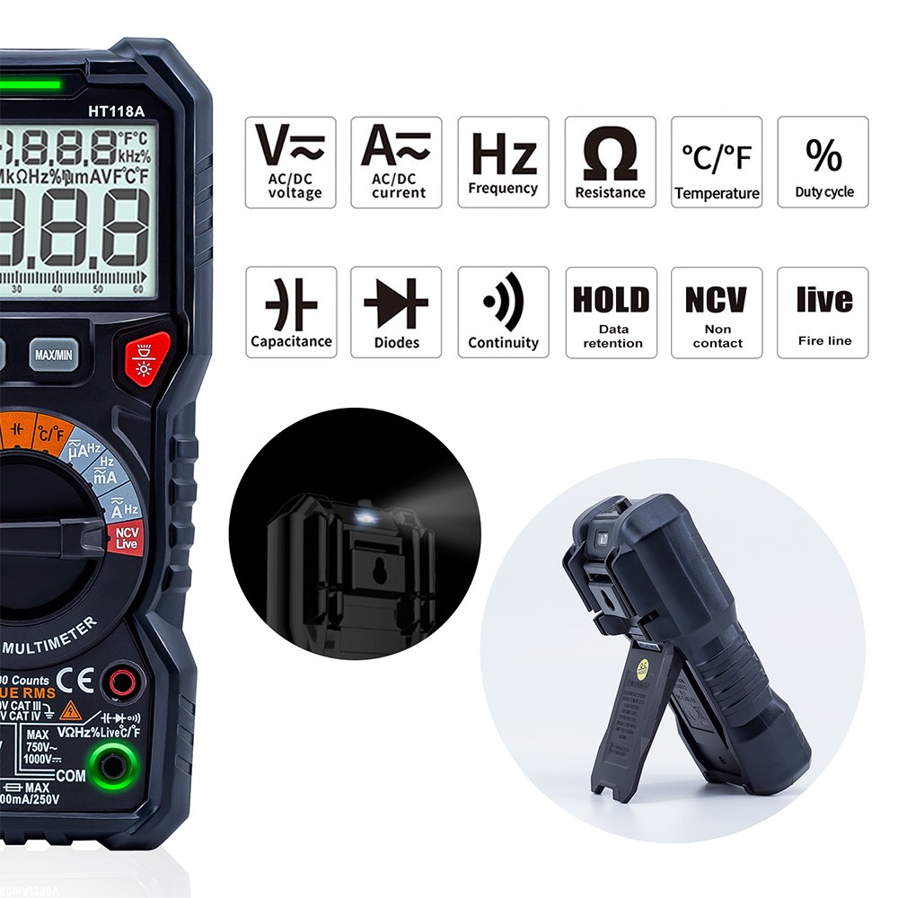 KAIWEETS HT118A جديد رقمي متعدد Ture RMS السيارات المدى متعدد 1000 فولت 10A التيار المتناوب تيار مستمر أوم هرتز NCV لايف الجهد مقياس الحرارة