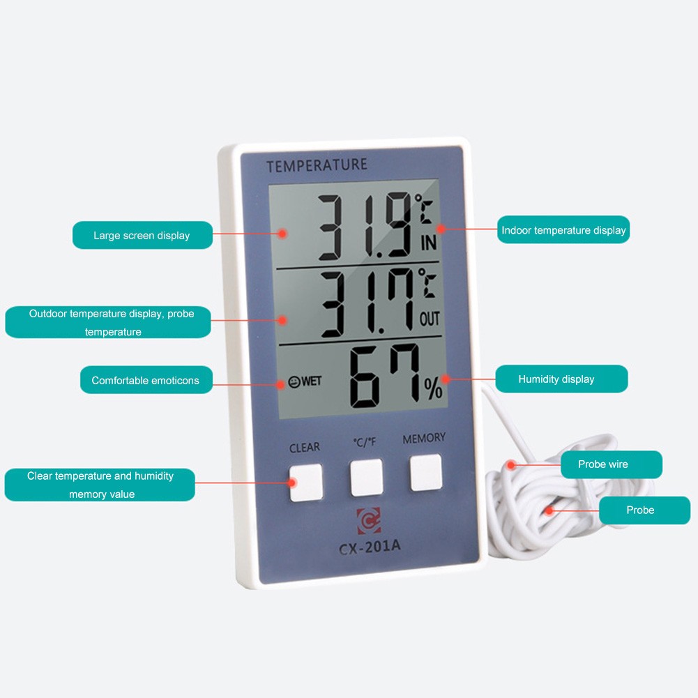 CX-201A Digital Thermometer Hygrometer Indoor Outdoor Temperature Hygrometer LCD Display Sensor Probe Weather Station