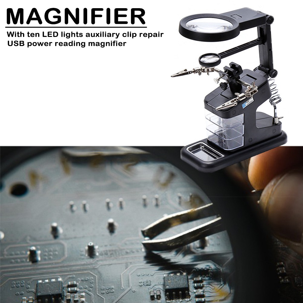 متعددة الوظائف لحام عدسة مكبرة بإضاءة ليد 3X 4.5X 25Xmagnifying الزجاج التمساح حامل قصاصة المشبك مساعدة اليد أداة إصلاح للحام