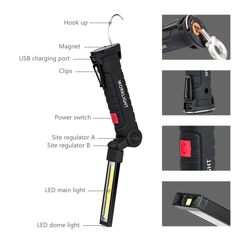 COB LED Flashlight Portable USB Rechargeable 5 Mode Car Work Light Magnetic Torch Hanging Hook Lamp for Camping Repair