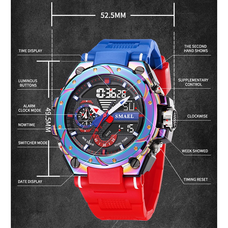 Quartz Watch Men Wristwatches SMAEL Watchfull Red Band 50M Water Resistant Analog Alarm Watch Digitals 8060 Sports Watches