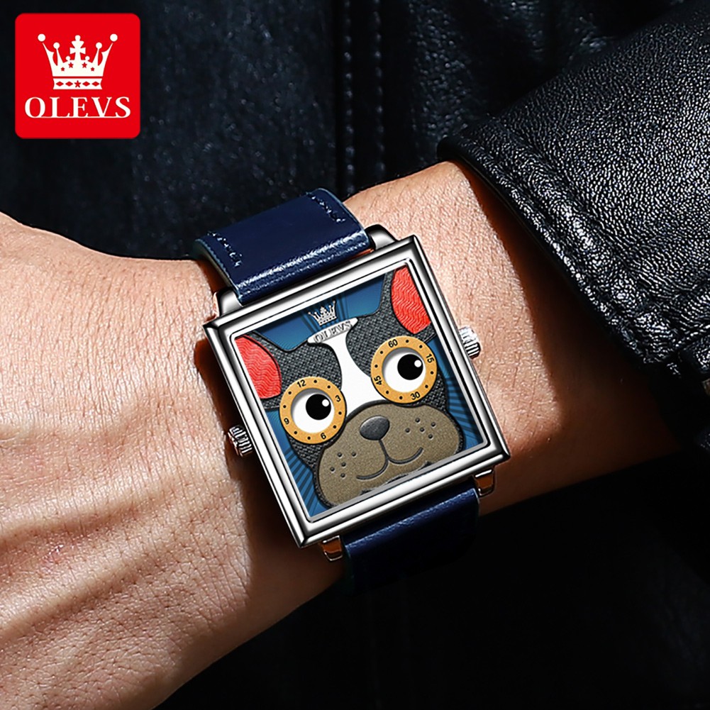 OLEVS Square Trendy Corium Strap Women Wristwatches Quartz Fashion Waterproof Watches for Women Cartoon Dog Watch