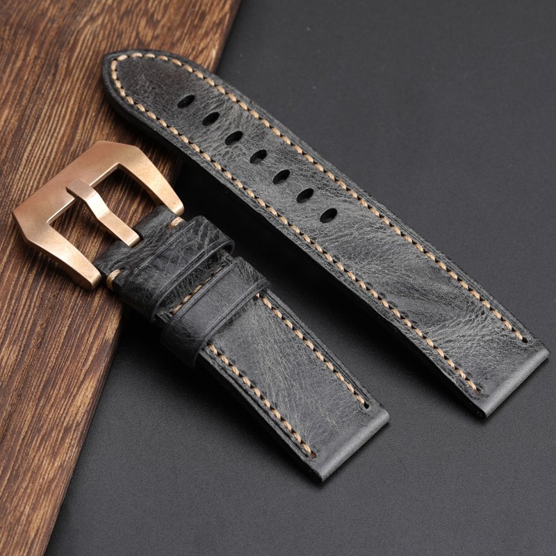 Hand Folded Smoky Gray Leather Watchband Compatible with BAM Bronze Watch Strap 20 22 24 26mm Soft Vintage Bracelet