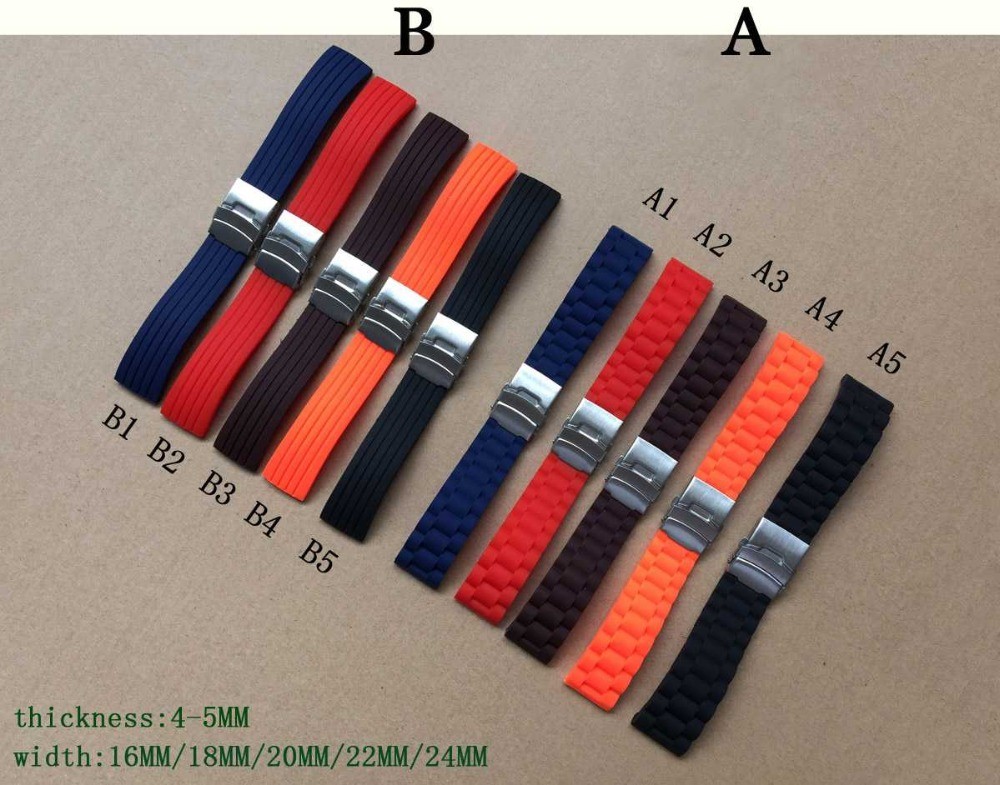 Basic 16mm, 18mm, 20mm, 22mm, 24mm 5 colors new silicone rubber watch strap band deployment buckle waterproof black watchband