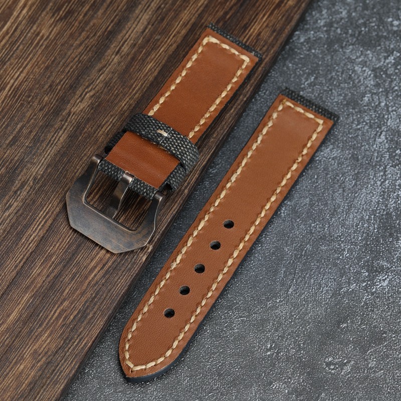 Handmade Canvas + Leather Watchband 20 22 24 26mm Compatible Bronze Strap Personalized Bronze Buckle