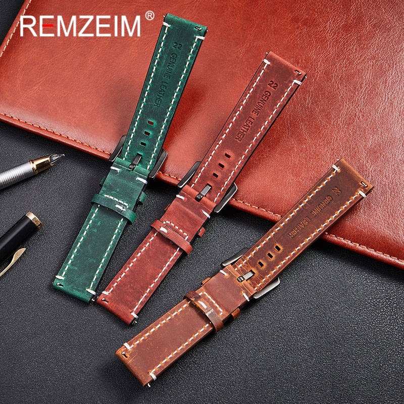 Remz Plaid - Genuine Leather Watch Band for Men and Women, Black, Blue, Gray, Brown, Cowhide, 18mm, 20mm, 22mm, 24mm