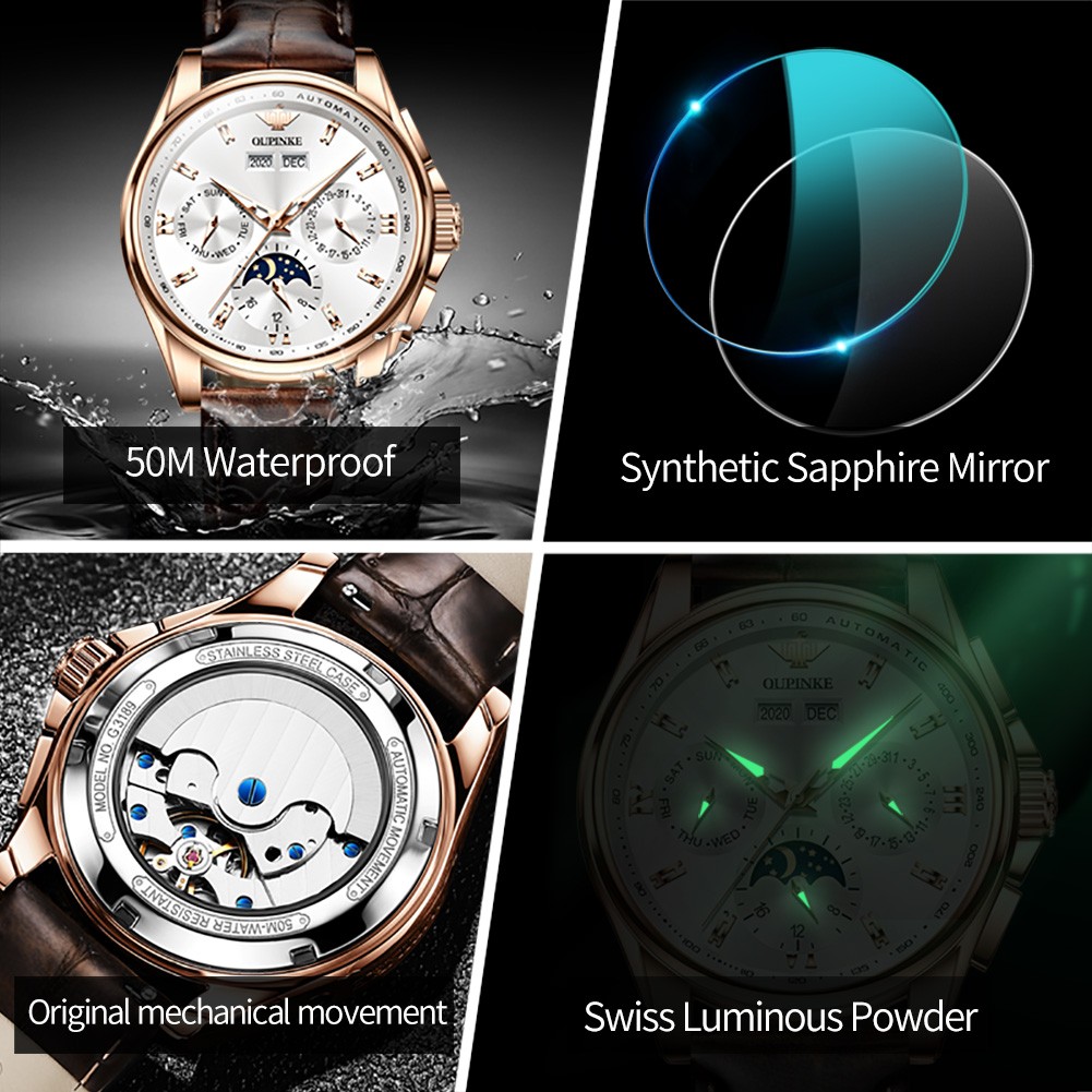 OUPINKE Luxury Brand Automatic Watch For Man Mechanical Watch Leather Sapphire Waterproof Sport Moon Phase Wristwatch Male