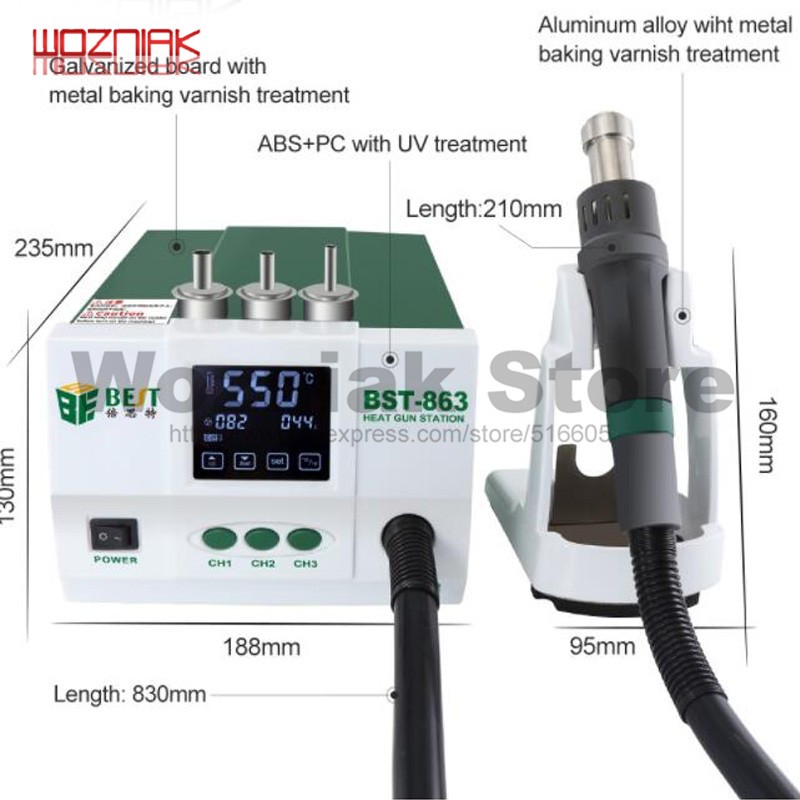 BST-863 Lead Free Hot Air Rework Station Soldering Touch Screen LCD 1200W 220V for Phone CPU PCB Grinder