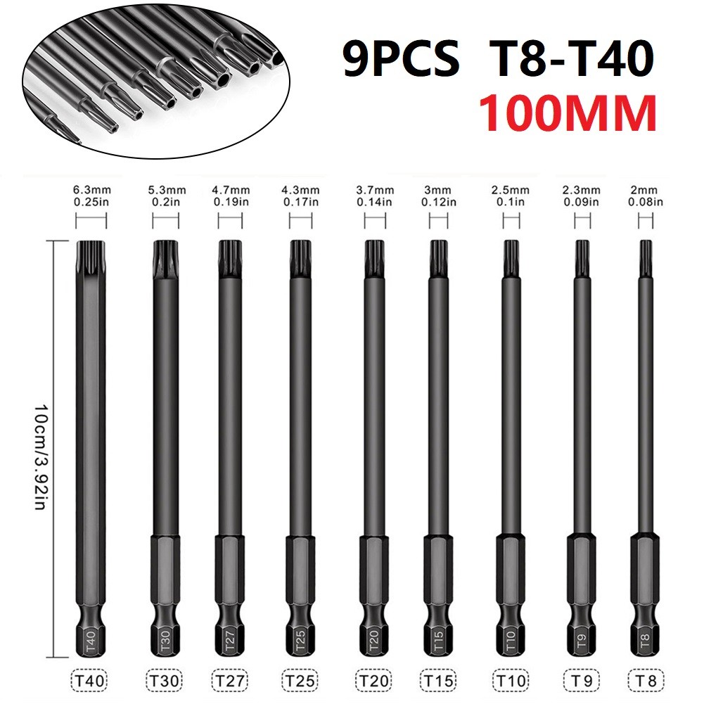 9PCS 100mm Steel Torx Hollow Screwdriver Bits Tool Set 1/4 Hex Torx Socket Set Handle Tools Electric Screw Driver Set