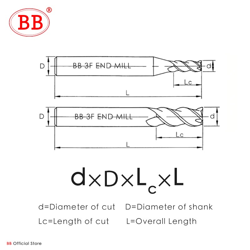 BB 3 Flute Carbide Milling Cutter Tungsten End Mill CNC Tool 1 to 20mm HRC55 for Aluminum Fiberglass Acrylic Wood Copper Plastic