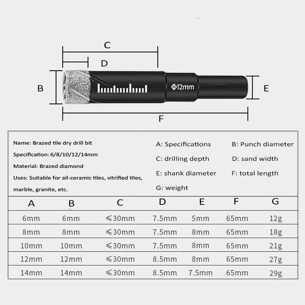 6/8/10/12/14mm Vacuum Brass Diamond Dry Drill Bits Hollow Saw Blade Cutter for Glass Granite Ceramic Marble