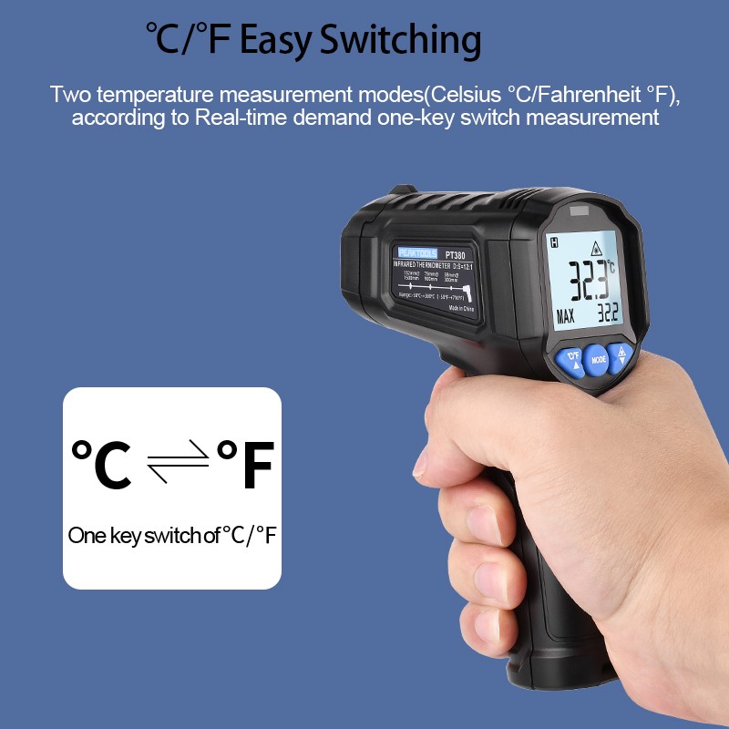 Peaktool PT380 Digital Non-Contact Infrared Thermometer High Accuracy Thermometer Thermometer Data Hold LCD Backlight C/F