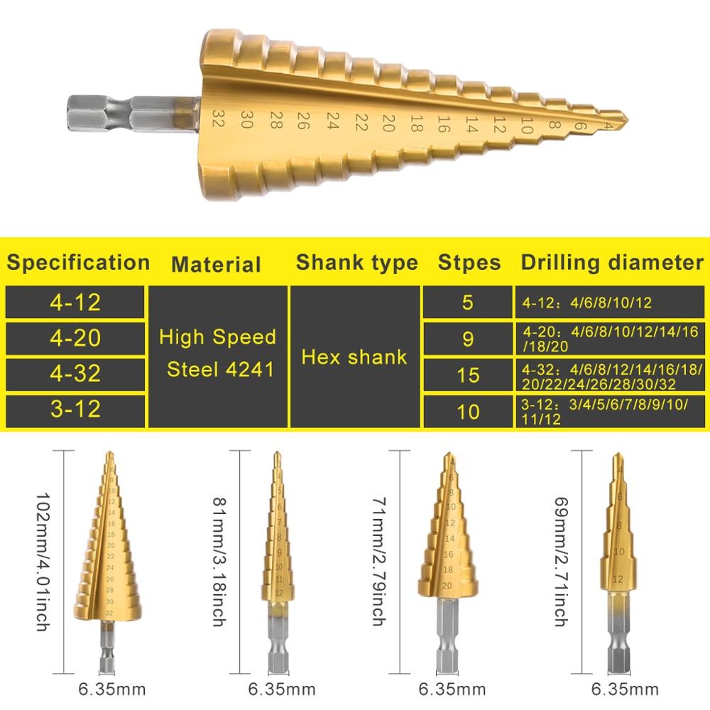 3pcs HSS Titanium Coated Step Drill Bit 4-12 4-20 4-32 Drill Power Tools Metal High Speed ​​Steel Wood Hole Cutter Cone Drill