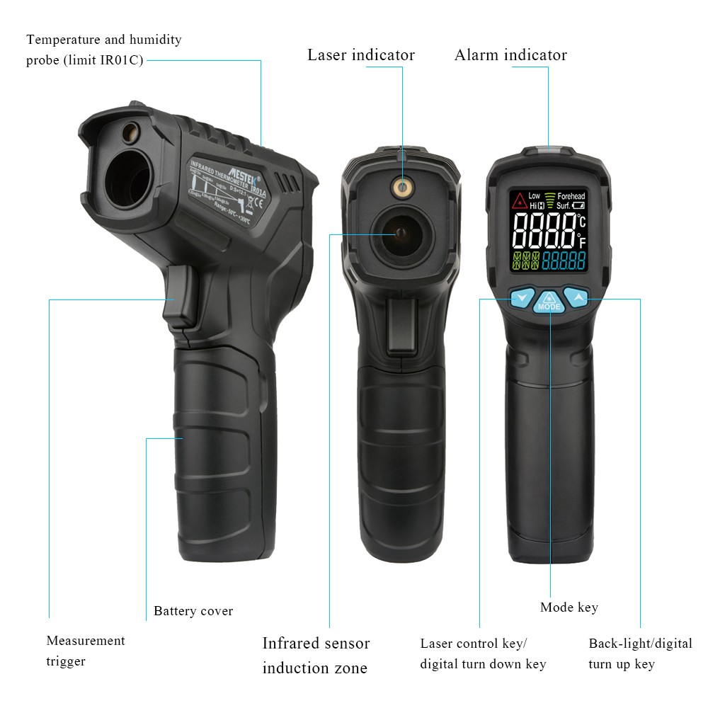 Mestek IR01 Series Digital Infrared Thermometer -50~380/550/800 Degree Non Contact Thermometer Gun Thermometer with Color Display