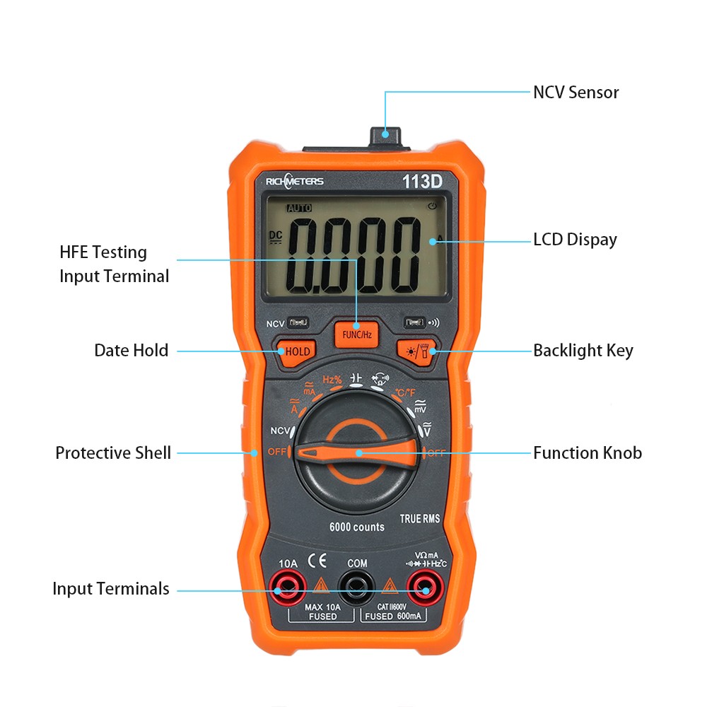 RICHMETERS Digital Multimeter RM113A/RM113D Multimeter with 6000 Count NCV Voltage Temperature Tool with Magnetic Suction and Flash Light