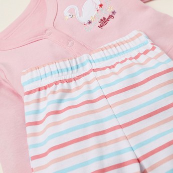 Juniors Embroidered T-shirt with Long Sleeves and Striped Pyjama Set