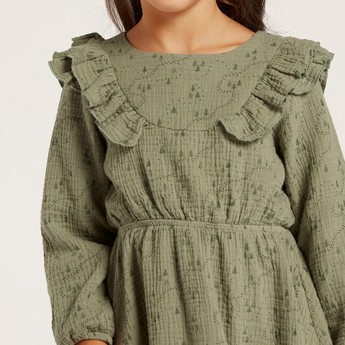 Love Earth Printed Organic Dress with Long Sleeves and Ruffle Detail