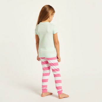 Juniors Printed Crew Neck T-shirt and Full Length Striped Pyjama Set