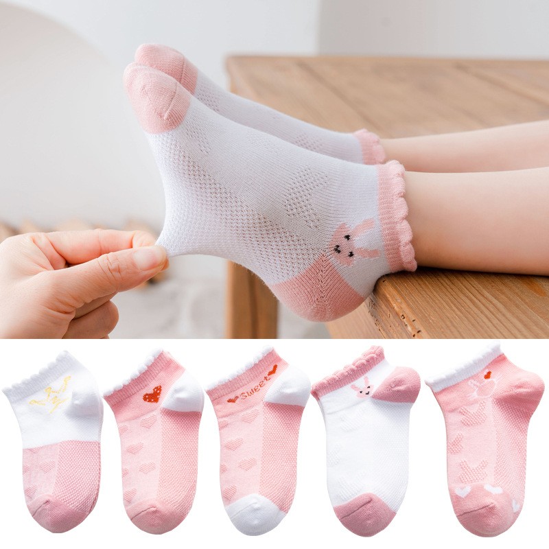 5 Pairs Girls Cotton Socks Summer Thin Mesh Breathable Cute Cartoon Children Socks Toddler Baby Girls Socks Pink 1-12 Years