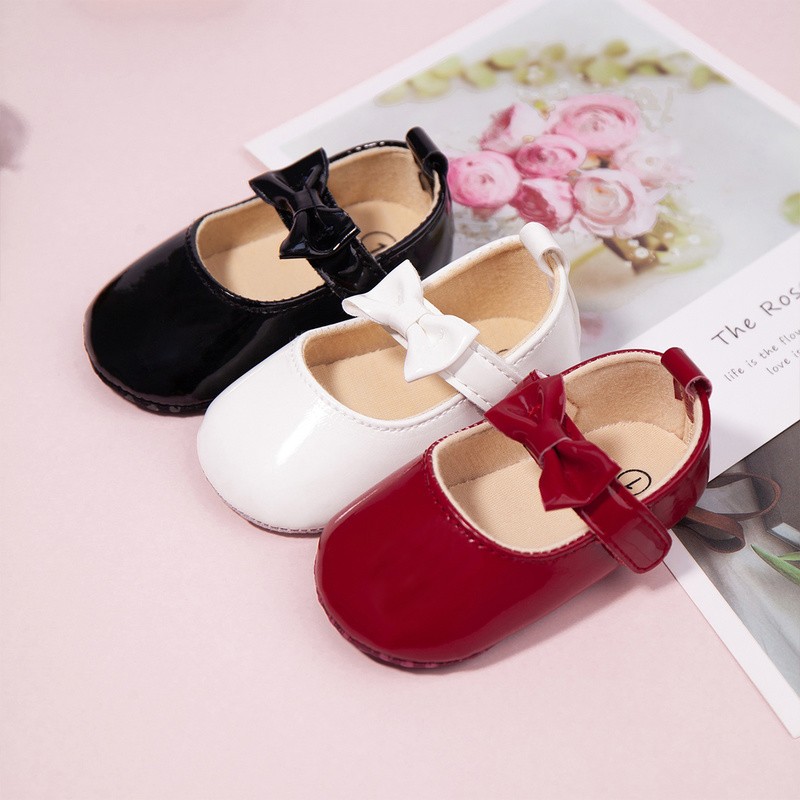 Newborn Baby Shoes Baby Boy Girl Shoes Girl Classic Bowknot Rubber Sole Anti-slip PU Leather Dress Shoes First Walker Toddler Crib Shoes