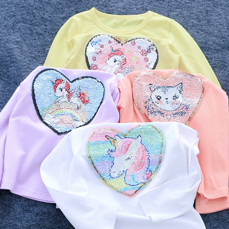 Long Sleeve Children Kids Girls T-shirt Unicorn Sequin Cotton Tops Tees Tops Fashion Girls Clothes