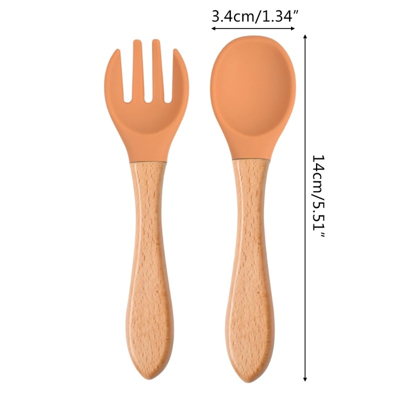 2pcs Silicone Baby Tips Feeding Training Spoon and Fork Set with Wooden Handle Toddlers Babies Eat Standalone Accessory