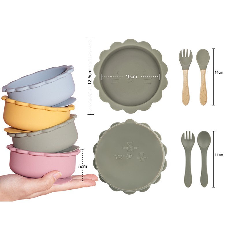 Cute silicone bowl children's complementary tableware food bowl BPA-free waterproof tableware plate wooden spoon silicone fork