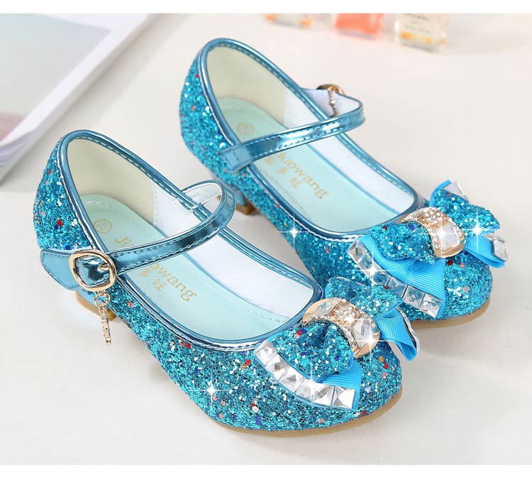 ULKNN-Girls Princess Leather Shoes Casual Floral Sequin High Heel Butterfly Bowknot Shoes Blue Pink Silver