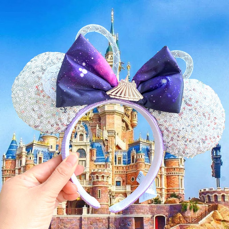 New Disney Mickey Mouse Ears Headband Space Lunar Mountain New Year Minnie Bow Pink Sequins Cartoon Anime Headdress Headband Gif