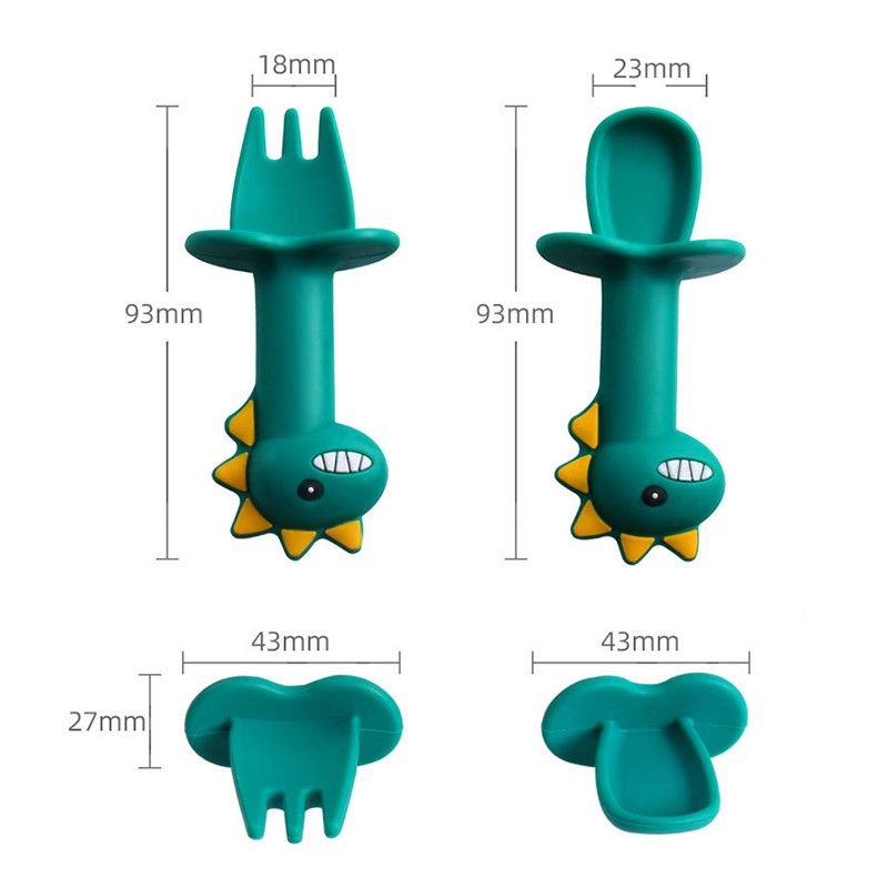 Baby Learn Spoon Fork Set Short Handle Easy Spoon Soft Silicone Utensil Toy Teether Feeding Tableware Dinosaur Spoon Tableware