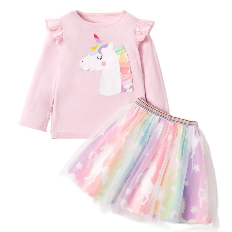 2022 spring new little girls clothes pink clothing set cartoon unicorn long sleeve T-shirt skirt 2 two-piece outfits