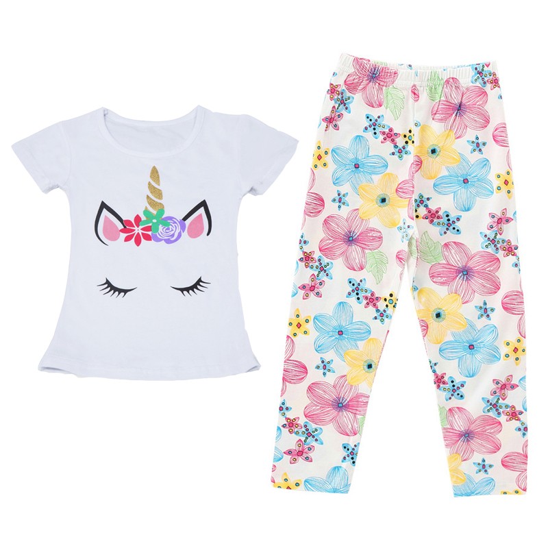 2pcs Kids Clothes Set Summer T-shirt Leggings Little Girl Print T-shirt and Pants Outfits Baby Girl Leggings