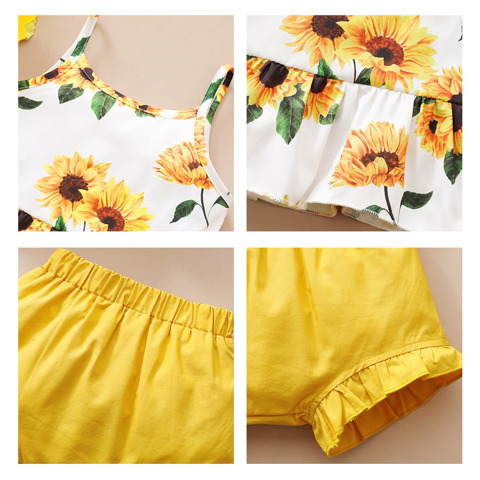 Baby Summer Clothes 0-3Y Baby Kids Baby Girls Clothes Yellow Sunflower Tops T-shirt Floral Bow Pants 3pcs Outfits Set