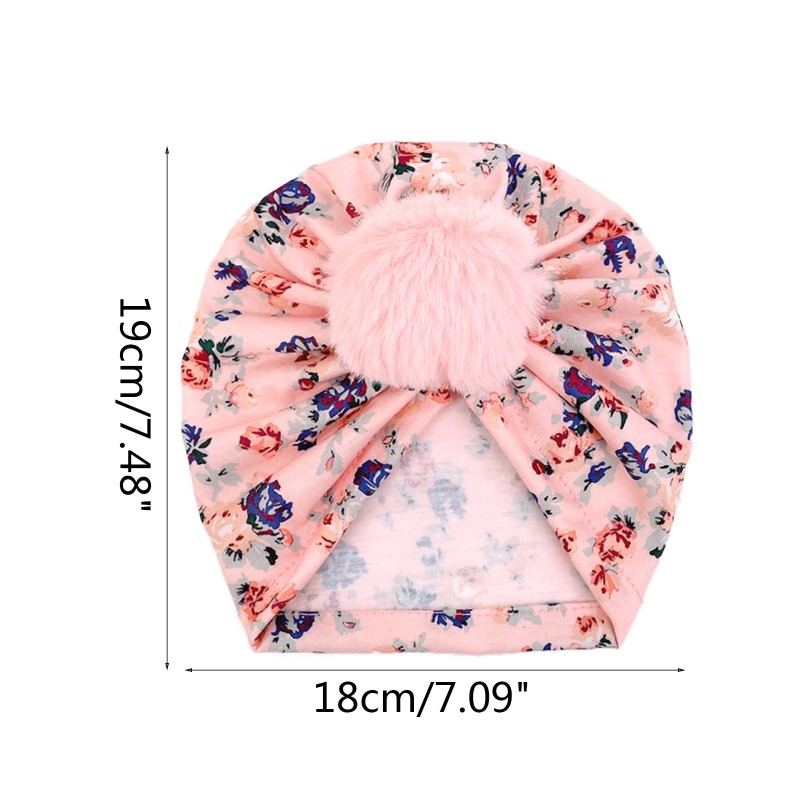 Cute Faux Fur Ball Baby Kids Turban Hat Floral Print Infant Headdress