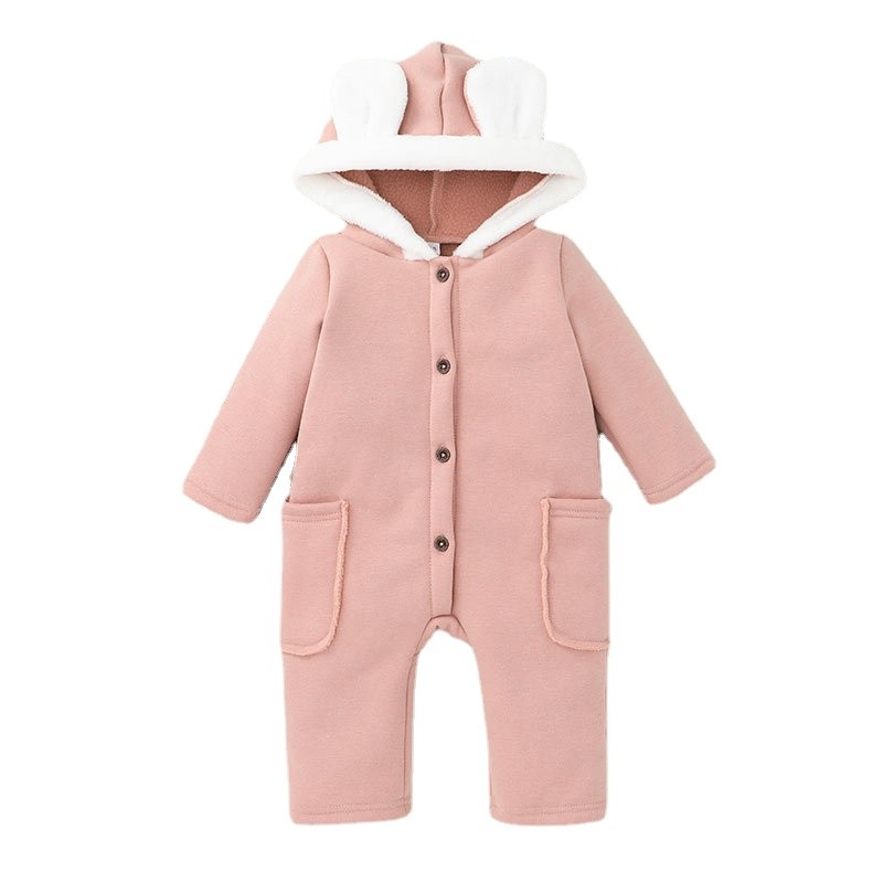 Baby Thicken Romper with Pockets Girls Long Sleeve Button-up Hooded Jumpsuit Baby Girl Boy Autumn Rompers