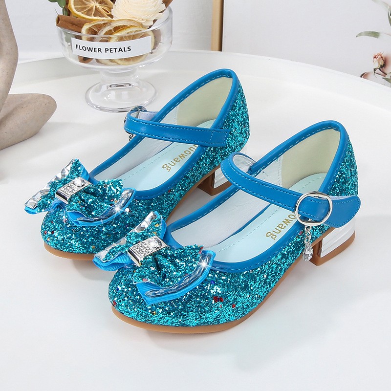 Princess pink shoes girls high heels 2022 children shoes new kids single shoes sequins students party blue dance shoe 23-38