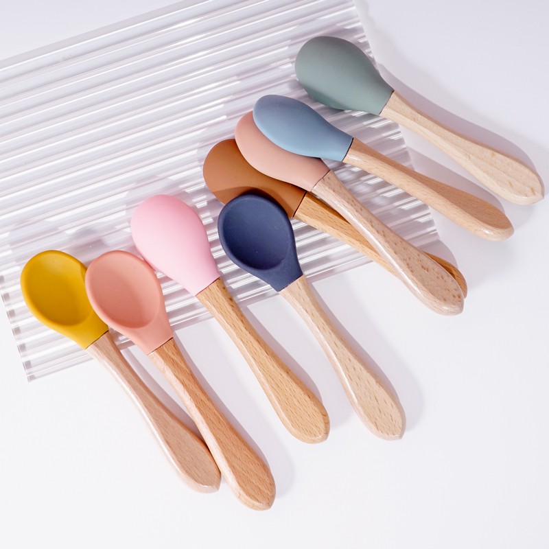 Wooden Feeding Handle Silicone Spoon For Baby Utensils Eat Soild Food Kids Training Ability Manipulation Children's Tableware