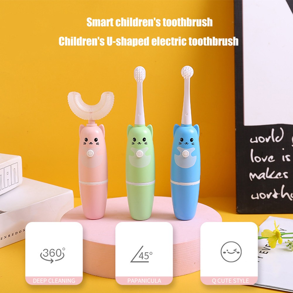 Automatic Ultrasonic Kids U Shape Vibration Silicone Electric Toothbrush Waterproof Children Toothbrush 2 Replaceable Heads