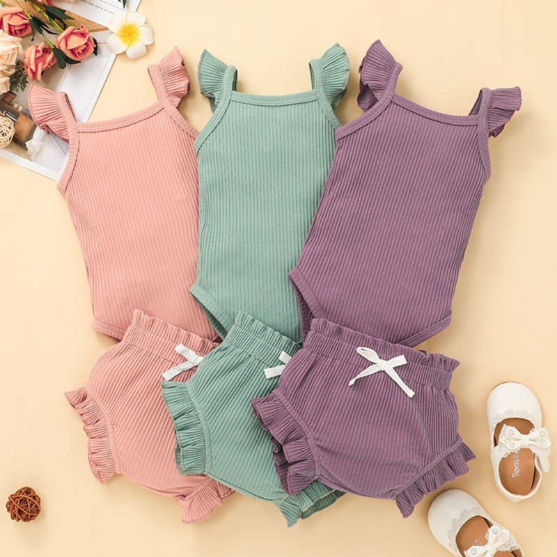 Summer Newborn Infant Baby Girls Ribbed Romper Triangle Pants Solid Color Baby Sets Toddler Outfits 0-18 Months For Baby